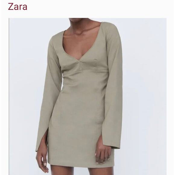 Zara Womens Sweetheart Neckline A-Line Mini Dress Size M Long Sleeve With Slit - Picture 5 of 10